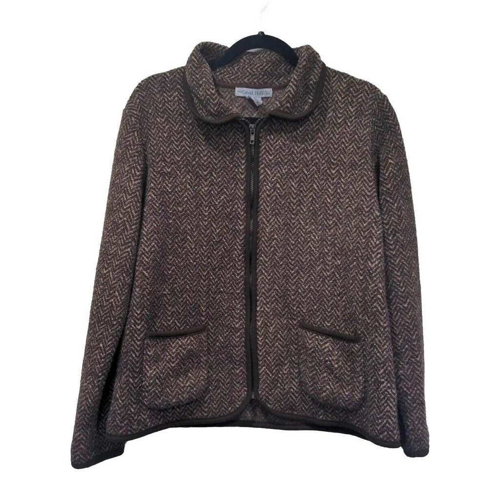 Vintage David Hollis Womens Full Zip Knit Sweater Size L Brown Herringbone Retro